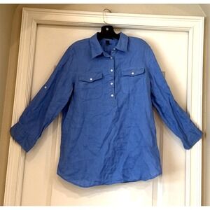 Lauren Ralph Lauren Shirt Sz L Blue Linen Popover Tunic Roll Tab Sleeves Preppy